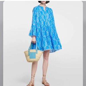 Juliet Dunn Sapphire Flower Lurex Flared Sleeve Mini Dress Sz L‎ Blue